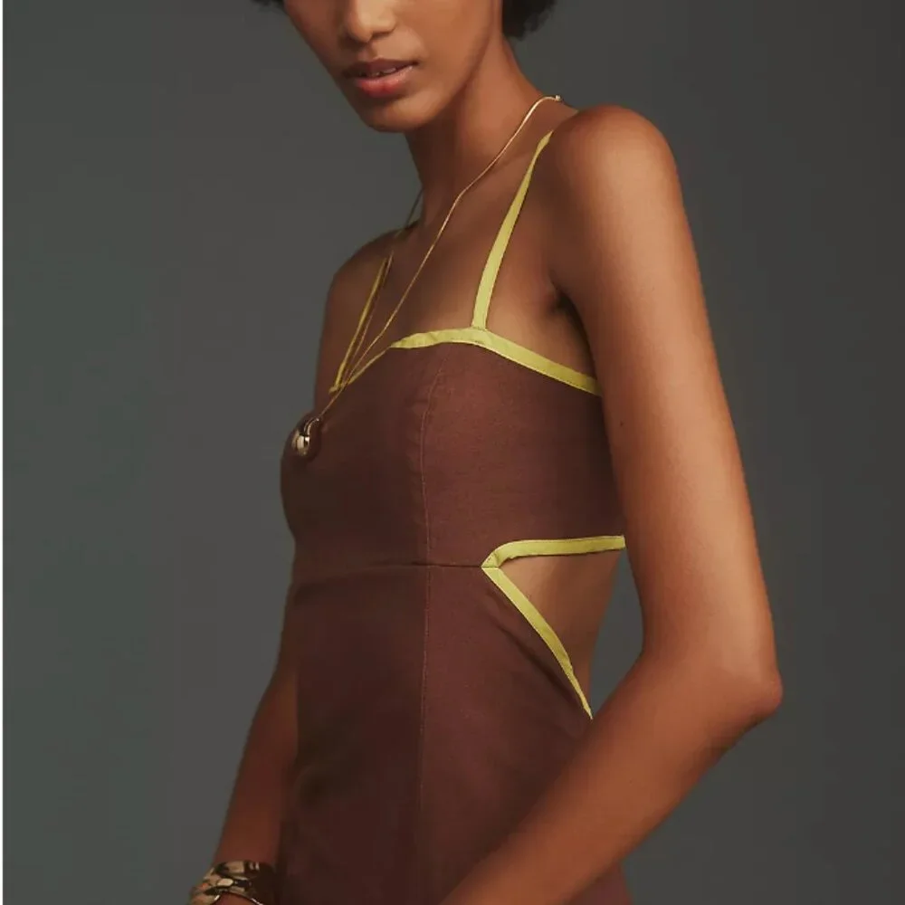 🏷 *NWT* ✨ Maeve by Anthropologie Brown & Chartreuse Midi Dress – Chic & Unique! - Picture 4 of 12